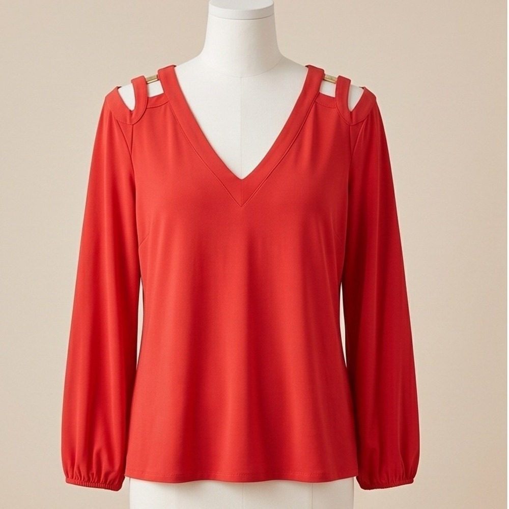 Michael Kors L Red Orange Cold Shoulder V-Neck‎ Blouse Top Large NWT